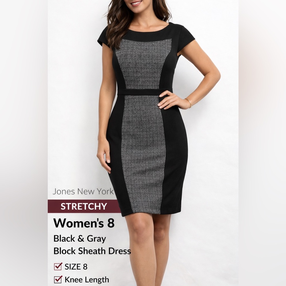Jones New York Stretch Dress – Women’s Size 8 Classic Black & Gray Career Dress